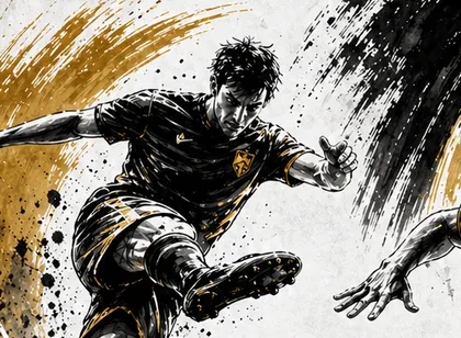 Zeichnung eines Fußballspielers in Schwarz und Gold, Fußballabteilung des RSV Rath-Heumar